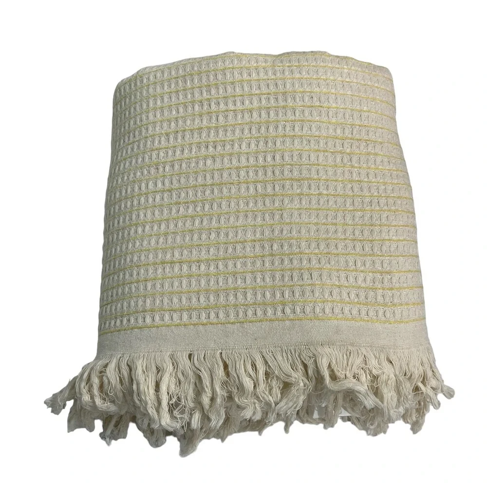 Rachel Ashwell Farmhouse Blanket‎ Throw Yellow Cream Striped Fringe Queen